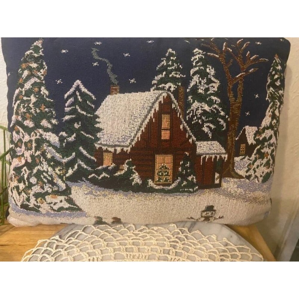 Vintage Christmas Winter Cabin Tapestry Throw Pillow